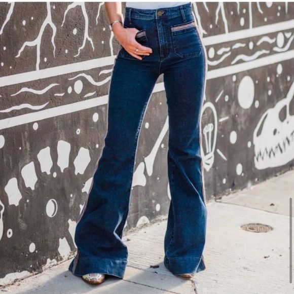 Show Me Your Mumu Farrah Trouser Flare Sunset Strip Bell Bottom Striped Jeans 29 - Picture 7 of 10